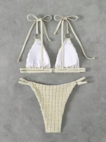 SHEIN Swim 2 pezzi Costume da bagno donna sexy, top in tessuto a costine e slip triangolo regolabile con decorazione ad anello argento