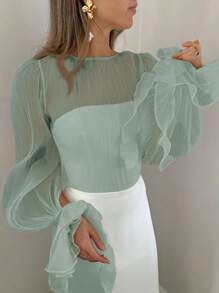 Firerie Women's White Ruffle Long Sleeve Sheer Blouse,See Through Top - Mint Green - View 1