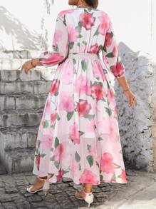 SHEIN Clasi Plus Size Women China Style Flowy White Dress,Autumn Elegant Tea Party Holiday Casual Loose Maxi Gown Suitable For Street,Vacation,Festival Boho - Pink - View 2
