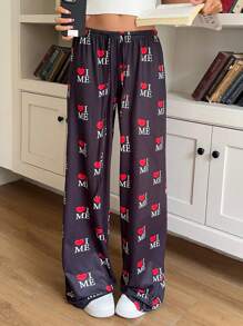 Muchica Women Heart & Letter Print Drawstring Waist Long Pants - Black - View 5