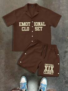 Manfinity Roghcode Men's Letter Print Short Sleeve Single-Breasted Shirt And Shorts Casual Suit - Coffee Brown - View 1