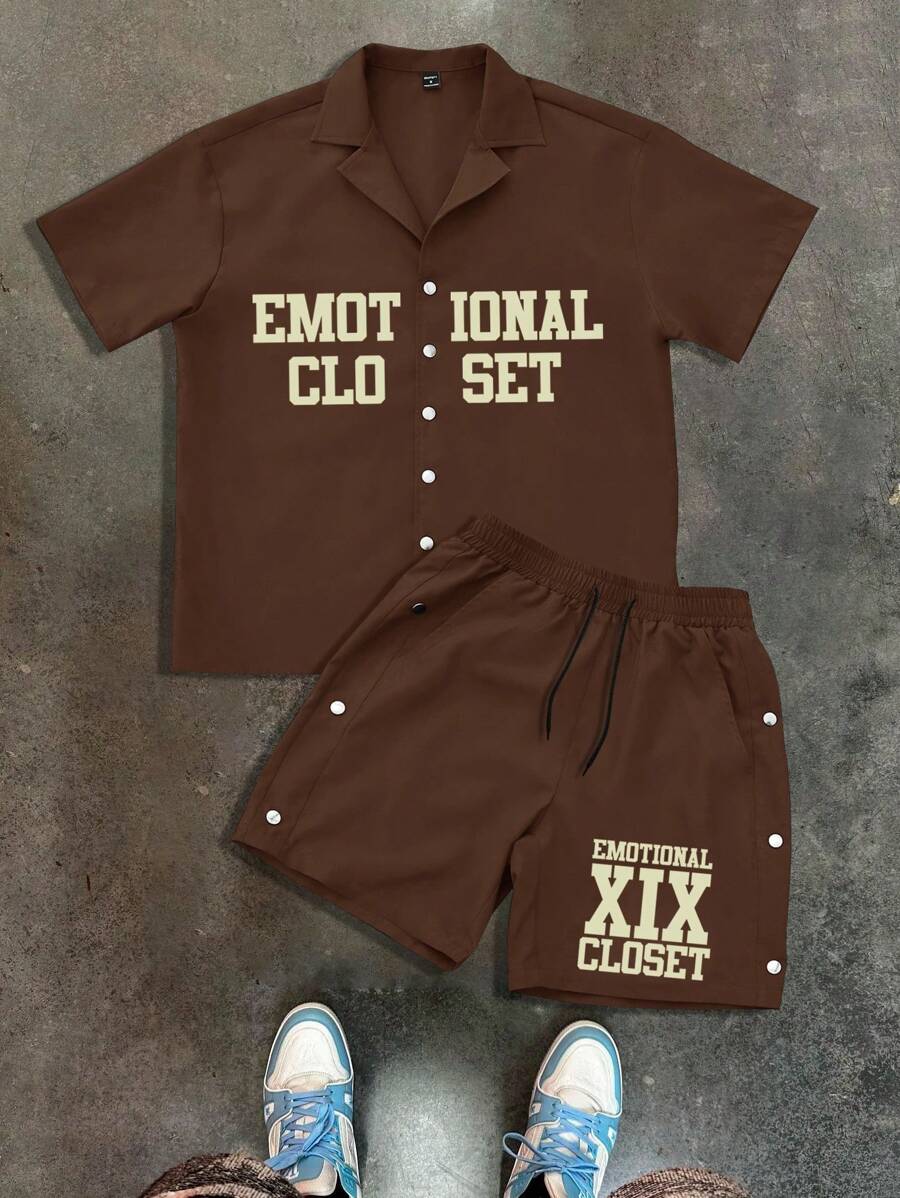 Manfinity Roghcode Men's Letter Print Short Sleeve Single-Breasted Shirt And Shorts Casual Suit - Coffee Brown - View 1