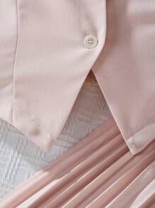 SHEIN 2pcs Set: Teen Girls Ruched Collar Short Sleeve Buttoned Blazer Jacket And Ruched Midi Skirt - Pink - View 6