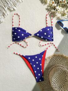 Swim Mod Bộ 2 đồ bơi in hình cờ Hoa Kỳ gợi cảm có dây đeo có thể điều chỉnh cho nữ và quần bikini hở hang cắt cao, ngày 4 tháng 7 - Nhiều màu - Xem 1