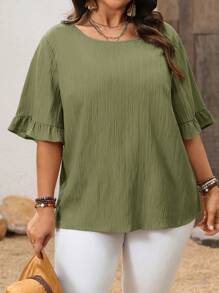 EMERY ROSE Plus Size Ruffle Hem Short Sleeves Blouse, Simple Fashion Casual Everyday Vacation Woman Spring Summer,Western Wear Women,Spring/Summer - Army Green - View 5