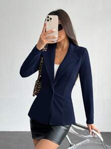 SHEIN PETITE Blazer de solapa con un solo botón para uso en la oficina para mujeres
