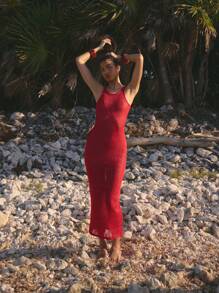 MUSERA 亮片钩针圆领修身长裙波西米亚风伊比沙岛可爱性感度假夏季海滩泳装罩衫