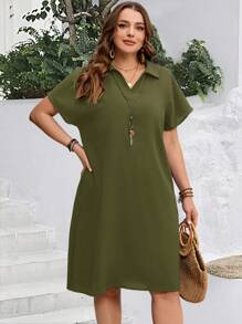 EMERY ROSE Plus Size Women Summer Lapel Boho Straight Blue Short Sleeve Dress