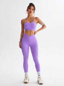 Studio SHEIN Sport بدلة رياضية للنساء مكونة من ملابس علوية وبنطلون بلون أحادي بسيط، موضة صيفية لممارسة التمارين الرياضية