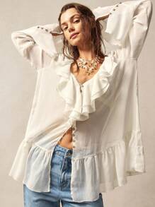 Bohemela 波西米亚风女式衬衫，透视上衣 - 米色 - 查看 2