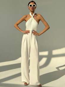 Aloruh Wedding Season Simple Commuter Wrap Neck Ruched Jumpsuit, Sleeveless Long Straight Leg For Women - White - View 5