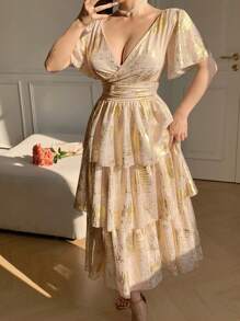 DAZY V-Neck Sequin Embellished Ruffle Trim Long Dress For Women - Blue - View 7