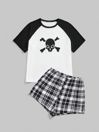 Goth Conjunto de pijama de shorts y Top de contraste de color con calavera gótica oscura y hombros caídos