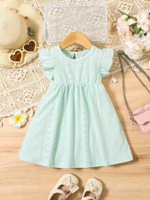 Elladie kids Đầm ngắn phong cách nghỉ mát màu xanh lá cây trơn cho bé gái/trẻ mới biết đi có tay áo nhún bèo và cổ tròn nhỏ cho mùa hè - màu xanh lá - Xem 3