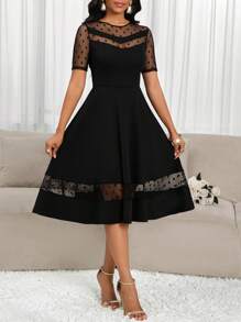 SHEIN Lady 女士网纱拼接短袖A字连衣裙 - 黑色 - 查看 3
