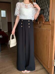 SHEIN Leap Crew TEENGIRL 2pcs Set: White Lace Puff Sleeve Elegant T-Shirt And Simple Button Decor Black Commuter Pants - Black and White - View 1