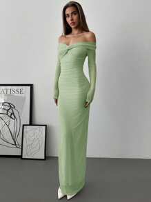 Aloruh Off Shoulder Mesh Twist Ruched Dress With Long Sleeve, Romantic For Date - Green - View 6