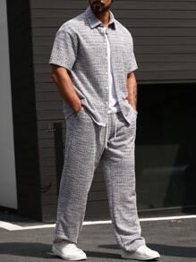Manfinity CasualCool Plus Size Men's Summer Casual Button-Front Short Sleeve Shirt And Pants Set