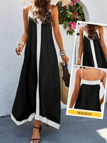 SHEIN Clasi 女士双色无袖休闲夏季连衣裙长款女装 - 黑與白 - 查看 3