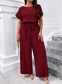 SHEIN Clasi Plus Size Elegant Scoop Neck Romper With Waist Belt And Wide Leg Plus Size Christmas Burgundy - Burgundy - View 7