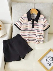 SHEIN مجموعة ملابس علوية كاجوال فضفاض مضفر وشورت مزين بشريط مخطط ملائمة لحديث الولادة ذكر/أنثى ، مناسبة للربيع/الصيف ، ارتداء المنزل ، الخروجات ، الحفلات - الأزرق - مشاهدة 4