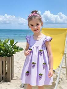 SHEIN Young Girl Resort Casual 3D Grape Decor Cap Sleeve Dress - Multicolor - View 6