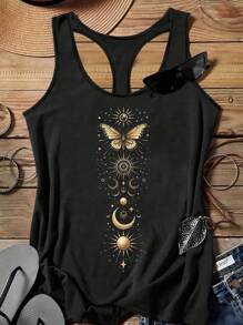 EMERY ROSE Golden Moon Butterfly Print Casual Simple Camisole Plus Size Cami Top Suitable For Summer Back To School - Black - View 1