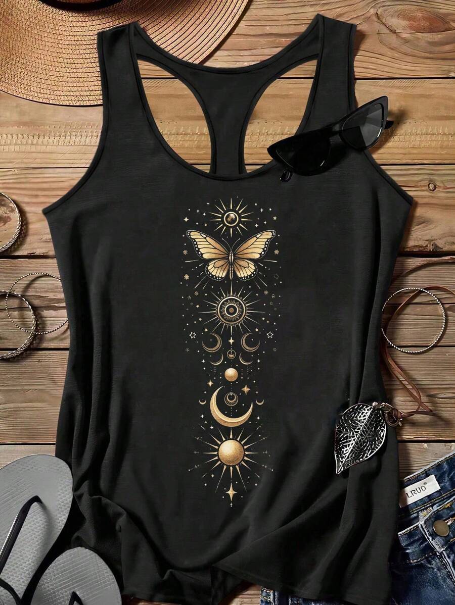 EMERY ROSE Golden Moon Butterfly Print Casual Simple Camisole Plus Size Cami Top Suitable For Summer Back To School - Black - View 1