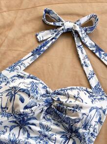 Soleia Vestido mini estilo halter para mujer, estampado de flores azul y blanco, estampado de árbol de coco, para verano y vacaciones en la playa