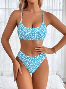 Swim Mod Ditsy Floral Bikini Set, Random Print Design For Beach Vacation For Summer - Blue - View 1
