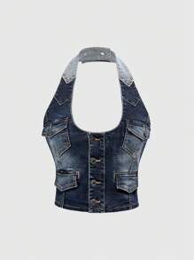 ROMWE Hippie Y2K 街头时尚女士破洞牛仔衬衫 - 藍色 - 查看 1