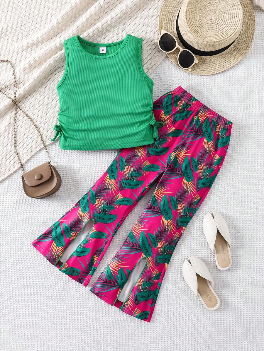 SHEIN Set de 2 piezas, top corto casual y pantalones acampanados con estampado de leopardo para niñas, primavera/verano