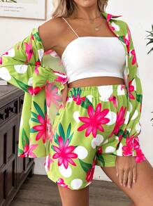 SHEIN 2 件套孕妇花卉印花衬衫和短裤套装，宽松