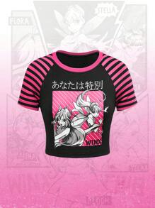 Winx Club X ROMWE Áo thun bó sát họa tiết hoạt hình tay raglan kẻ sọc chắp vá dành cho nữ - màu đen - Xem 2