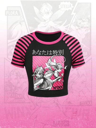 Winx Club X ROMWE Women Patchwork Striped Raglan Sleeve Cartoon Print Form-Fitting T-Shirt