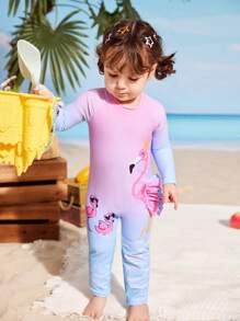 SHEIN 女婴可爱火烈鸟印花长袖连体衣 - 彩色 - 查看 3