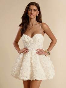 SHEIN BAE Váy suông bó sát họa tiết hoa 3D màu mơ, váy suông lãng mạn cho kỳ nghỉ hè/tiệc tùng/tốt nghiệp - Màu be - Xem 7