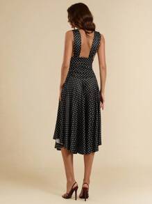 SHEIN BAE 女士针织休闲度假 V 领无袖褶皱 A 字型波点印花连衣裙，夏季/复活节女士连衣裙/舞会礼服/女士夏季服装/女士连衣裙/毕业礼服/婚礼宾客礼服女士夏季连衣裙/复活节 - 黑色 - 查看 2