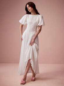 Enchnt Women's Elegant Party Solid Color Puff Sleeve Dress