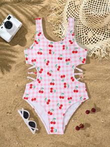 SHEIN Bộ đồ bơi liền thân họa tiết caro và quả anh đào cho bé gái tuổi mới lớn, đi biển mùa hè - Bụi hồng - Xem 4