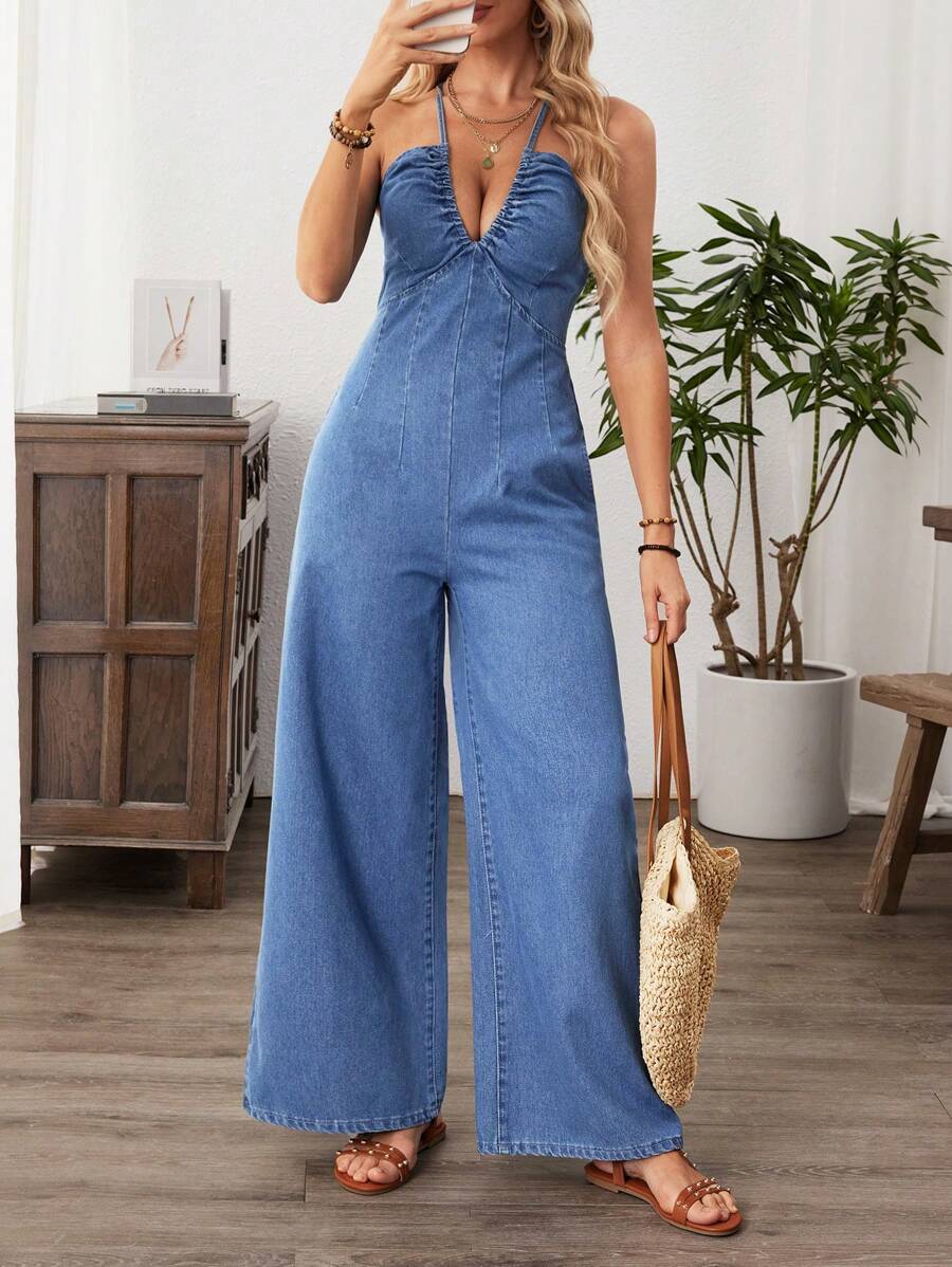 Breezaya 女士休闲牛仔吊带连体裤，时尚，适合夏季 - 藍色 - 查看 1