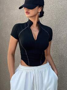 DAZY Women's Half-Zip Stand Collar Short Sleeve Fitted Cropped Athletic Look Base Layer T-Shirt - Black - View 3