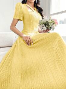 Modelyn French Style Square Neck Bishop Sleeve Pleated Women's Dress - Yellow - View 7