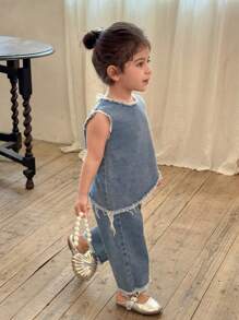 SHEIN Vintaside Kids 2pcs/Set Baby Girl 2024 Autumn/Winter New Casual Cute Graphic Waffle-Knit Mock Shirt Top With Cherry Fruit Embroidery And Denim Pants Set - Blue - View 7