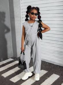 Tween 女童春夏休闲针织圆领无袖松紧腰连体裤、户外街头装哈伦裤 - 灰色 - 查看 3