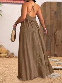 SHEIN Clasi Váy yếm hở lưng họa tiết màu trơn mùa hè cỡ lớn cho nữ đi biển/nghỉ dưỡng - Cà phê nâu - Xem 2