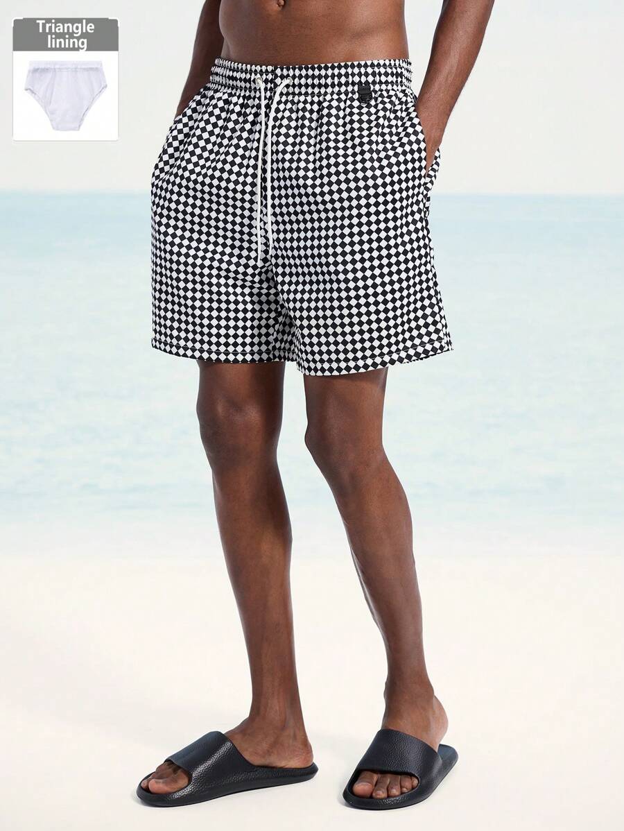 Surfspeed Men's Checkerboard Print Loose Casual Beach Shorts - Black and White - View 1