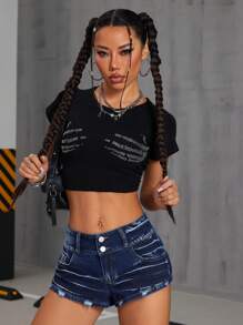 SHEIN ICON Street Style Retro Low Waist Super Short Denim Shorts - Dark Wash - View 4