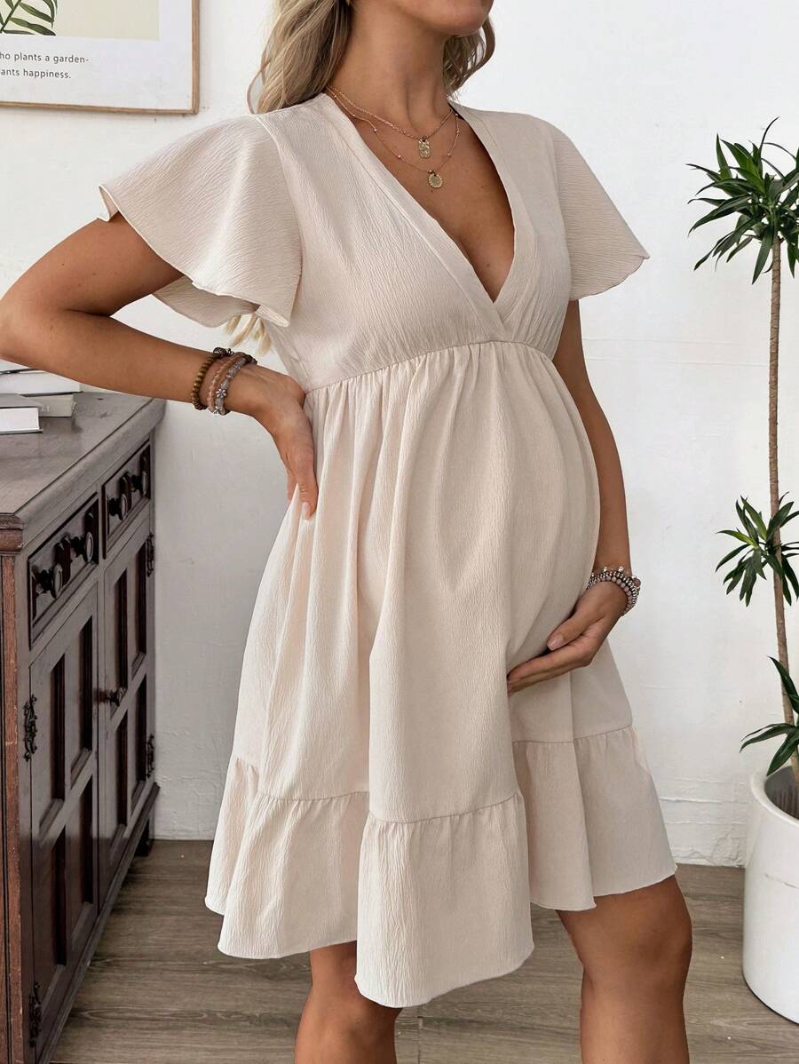 SHEIN Women's Apricot V-Neck Ruffle Trim Maternity Midi Dress, Summer