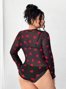 Elenzga Plus Size Sexy Heart Mesh Bodysuit, Stylish Fitted Long Sleeve Graphic Tee, Slim Fit Heart Mesh Top